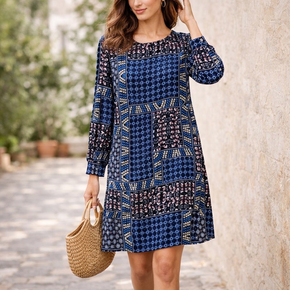 LOFT Petite Patchwork Dress 12P NWT | Blue Mixed Print Long Sleeve Dress